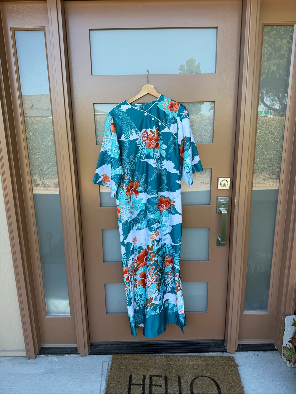 Vintage Tori Richard Teal Maxi Dress with Orange Floral Print. EUC